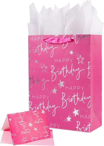 Miniatura 9 de JWSCYSY Bolsa de regalo de cumpleaños de 12.6 pulgadas con papel de seda y tarjeta para niñas y mujeres