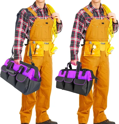 Miniatura 7 de Bolsa de herramientas morada de 16 pulgadas para mujer, correa de hombro ajustable con pies antideslizantes, 14 bolsillos funcionales, caja