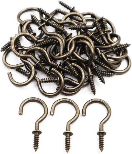 Miniatura 6 de Ganchos de techo de latón antiguo de 3/4 pulgadas de 3/4 pulgadas, ganchos de bronce vintage para tazas, ganchos de luz atornillados (paquete de 40)