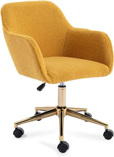 Miniatura 8 de Silla de oficina en casa de tela de peluche, bonita silla giratoria de escritorio con ruedas, moderna silla de tocador ajustable con base dorada