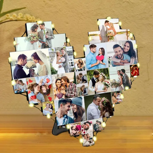 Miniatura 8 de Marcos de fotos de corazón con 15 marcos de fotos personalizados para colgar en la pared con luz LED, collage de múltiples marcos de fotos
