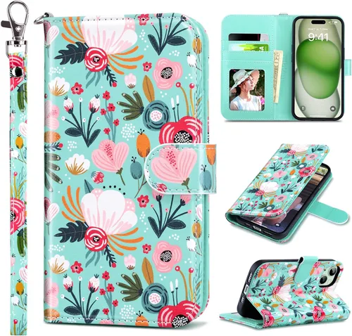 Miniatura 31 de ULAK Compatible con iPhone 15 Estuche tipo cartera para mujer, funda tipo billetera de piel PU premium con tarjetero, función de caballete, estuche
