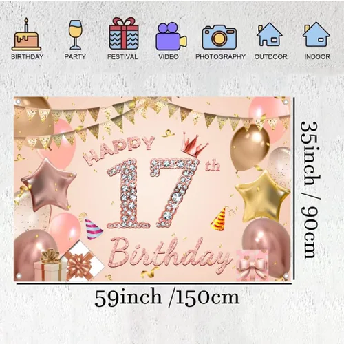 Miniatura 2 de Tecreo Cartel de fondo de decoración de feliz cumpleaños 17 para niñas, vinilo rosa, 59 x 35.4 pulgadas, incluye pancarta