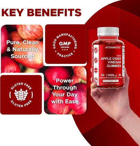 Miniatura 5 de Vitamatic Gomitas de vinagre de sidra de manzana, 1000 mg por porción, 60 gomitas veganas, gomitas ACV para desintoxicación, apoyo para la pérdida