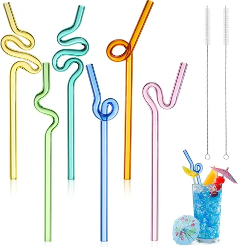 Miniatura 8 de Yinkin 6 popotes de vidrio ondulado, reutilizables, curvos, tontos, resistentes a los golpes con 2 cepillos de limpieza, popotes de vidrio