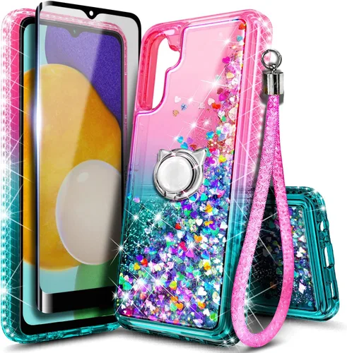 NZND Funda compatible con Samsung Galaxy A14 5G con protector de pantalla de vidrio templado (cobertura máxima), soporte de anillo/correa de muñeca,