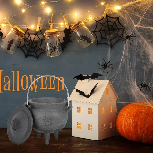 Miniatura 6 de DOITOOL Caldero de hierro fundido con tapa y asa, caldero de bruja de Halloween, olla de bruja negra para manchar, quemar incienso, decoración