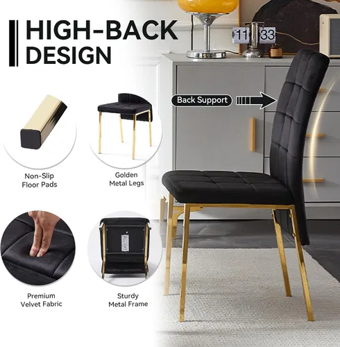 Miniatura 8 de Howtek Juego de mesa de comedor rectangular para 4, moderno de mediados de siglo con 4 sillas de cocina de terciopelo tapizado negro, juego de mesa