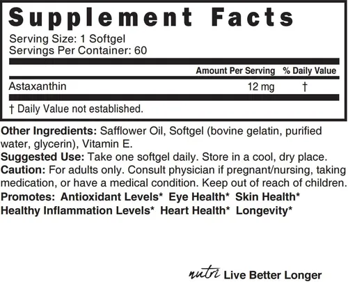 Miniatura 4 de Nature's Fusions Nutri Astaxantina 12mg Max Strength - Suplementos premium cultivados en Hawái - Potente antioxidante, promueve la salud cardíaca