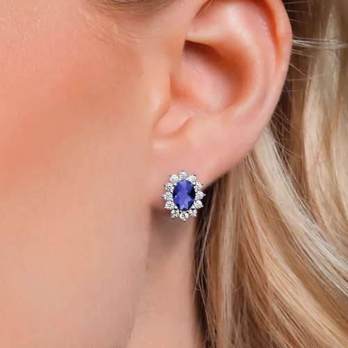 Miniatura 234 de Gem Stone King Aretes ovalados de plata de ley 925 de 0.276 x 0.197 in con piedra natal de la princesa Diana, estilo halo real para mujeres