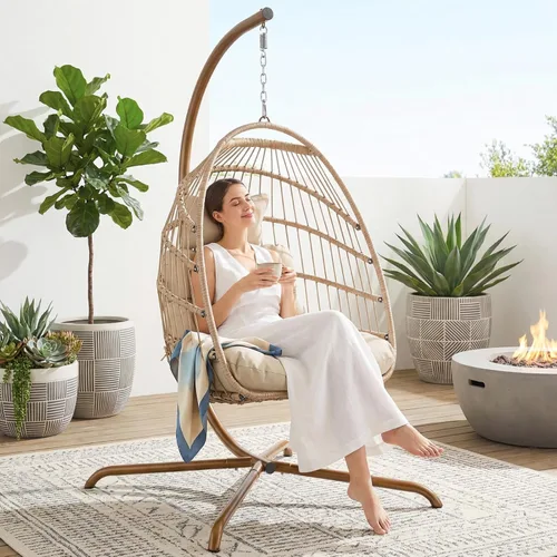 Miniatura 19 de NICESOUL Silla de huevo sin soporte para interiores y exteriores, cómoda silla colgante de mimbre para patio con cojín, hamaca columpio de 350 Beige