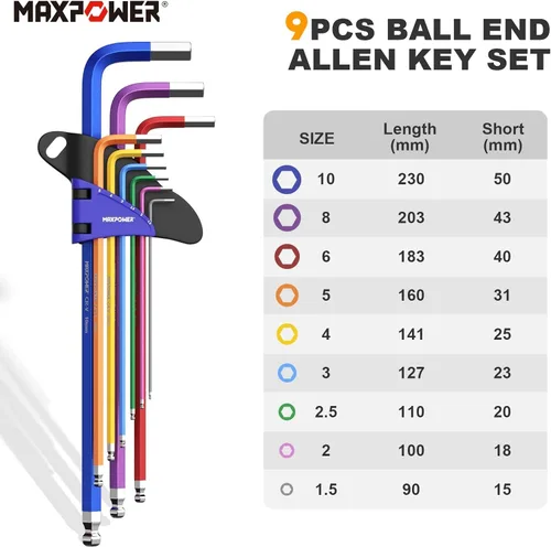 Miniatura 2 de MAXPOWER Juego de llaves Allen, juego de llaves hexagonales de extremo de bola métrica de 18 piezas y llaves Torx Star Allen, llave de brazo largo