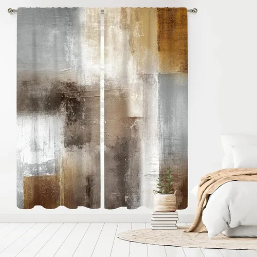 Miniatura 20 de MESHELLY Cortinas Rojas Abstractas 42Wx63H Pulgadas Bolsillo para Varilla Bloques Rústicos Borgoña Marrón Pintura al Óleo Casa de Campo Dormitorio