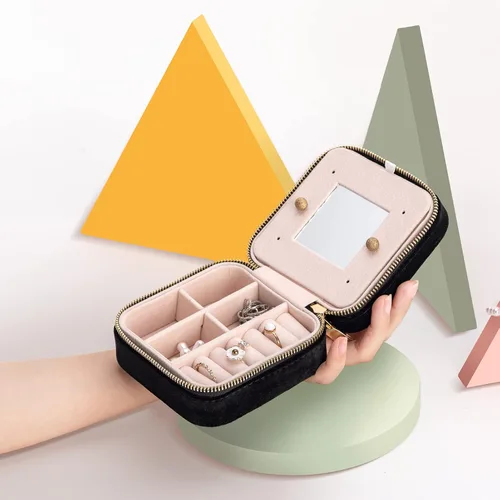 Miniatura 2 de Joyero de terciopelo de viaje con espejo mini estuche de regalo para mujeres y niñas pequeñas cajas organizadoras portátiles para anillos aretes