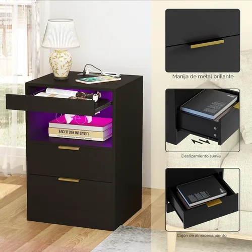 Miniatura 6 de Yusong Mesita de Noche, Mesa de Noche, Mesita LED con Estación de Carga, Mesita Moderna, Mesa de Sofá de Madera con 2 Estantes Deslizantes (Negro)