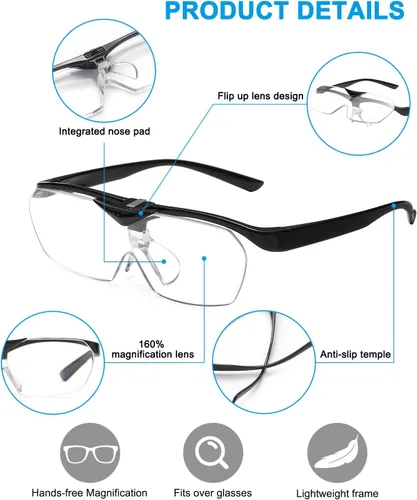 Miniatura 3 de OKH Lupas, aumento del 160%, lente abatible hacia abajo, lentes de lupa manos libres para trabajo cercano, lectura, costura, manualidades