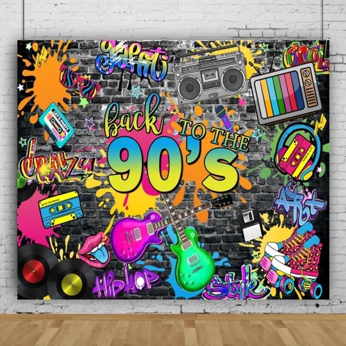 Miniatura 7 de Telón de fondo de los años 90 de 7 x 5 pies para decoraciones de fiesta, pared de ladrillo de graffiti de hip hop, fondo de fotografía de regreso a