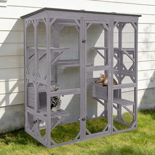 Miniatura 10 de Wooden Catio Outdoor Cat - Amplio condominio para gatos con 7 plataformas de escalada, 2 acogedoras casas de siestas, panel de ventana expandible