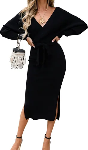 Mansy - Vestido corto de punto atractivo para mujer, cruzado, de manga larga de murciélago, espalda descubierta, tipo suéter