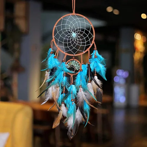 AWLEE Atrapasueños Árbol de la Vida con Plumas Hechas a Mano en Azul para Niños, Decoración de Pared para Dormitorio de Niños, Arte de Pared para