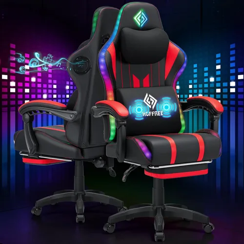 Miniatura 10 de HOFFREE Silla Gaming con Luces LED RGB de Ritmo Musical y Altavoces Bluetooth Silla Ergonómica de Gaming para Computadora con Masaje y Reposapiés