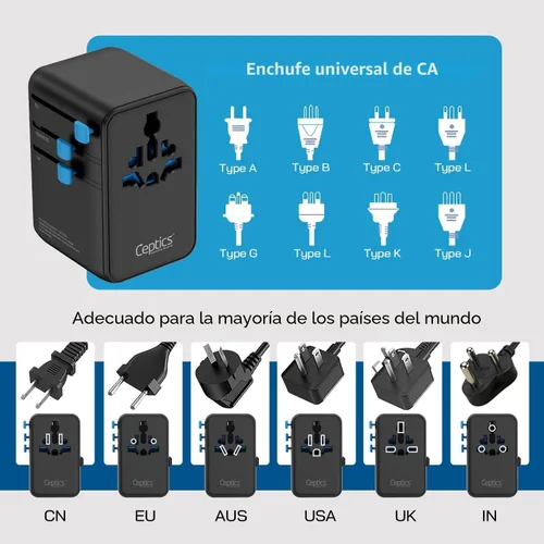 Miniatura 6 de Ceptics Adaptador de viaje universal GAN de 100 W con cable USB-C retráctil, 2 puertos USB-A y C, entrada universal y 1 entrada USA/JP, adaptador