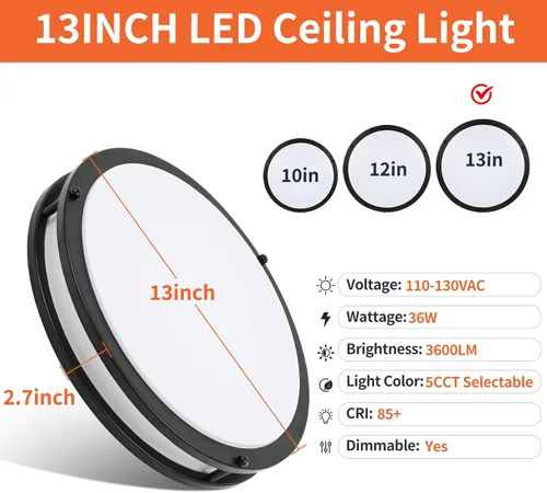 Miniatura 5 de Paquete de 2 lámparas de techo de 13 pulgadas y 36 W, luces de montaje empotrado 5CCT 2700K 3000K 4000K 5000K 6500K, regulables cerca del techo