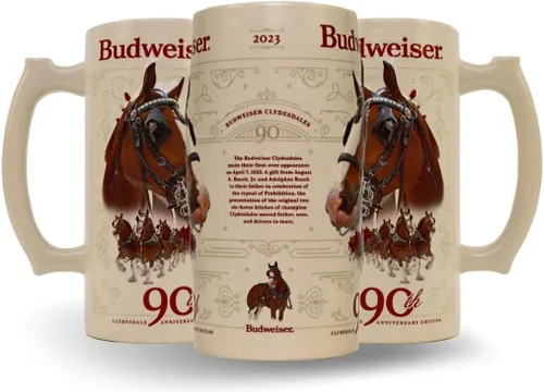 Budweiser 2023 90th Anniversary Limited Edition Clydesdale Holiday Collectors Stein #44 - Taza de cerveza de cerámica para regalo de Navidad
