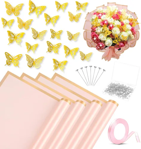 ROADPLUM 20 hojas de papel de regalo de flores, kit de ramo de papel de regalo floral rosa con 100 alfileres de ramo de diamantes, 60 mariposas