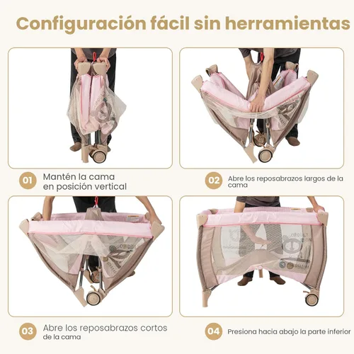 Miniatura 8 de Costzon 3 en 1 Rosa Pack and Play con Moisés, Corralito Portátil para Bebé con Mesa Cambiadora, Caja de Música, Juguetes Giratorios, Ruedas/Freno