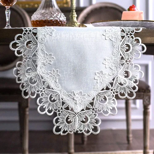 Miniatura 10 de ARTABLE Mantel rectangular de tela de encaje con borde de macramé, manteles de cocina bordados transparentes para elegantes mesas largas de Blanco