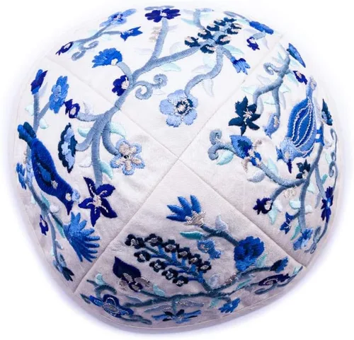 Miniatura 7 de Yair Emanuel Kipá Yarmulkes & Sombrero Yemenita Judaica Bordado Kipá Azul Flores y Pájaros (Paquete)