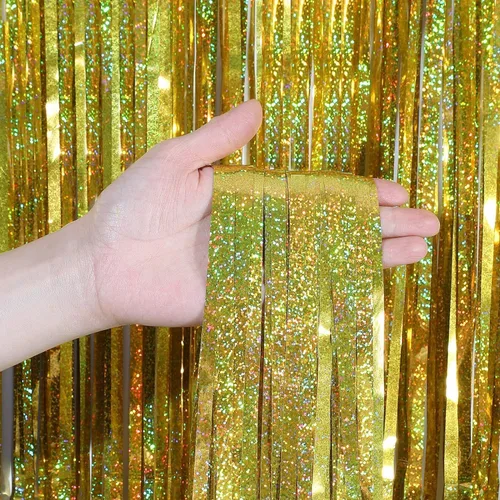 Miniatura 11 de CYLMFC Cortinas de flecos de papel de aluminio para decoración de fiesta, paquete de 2 telones de fondo de oropel de 3 x 8 pies para telón de fondo