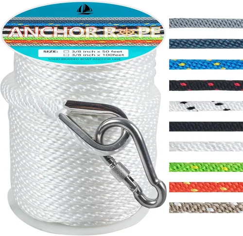 Cuerda de anclaje de 3/8 de pulgada y 100 pies, cuerda de anclaje para barco, trenza sólida MFP, línea de anclaje con dedal de acero inoxidable 316