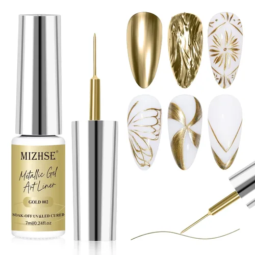 Miniatura 11 de MIZHSE Revestimiento de gel metálico para uñas, dorado y plateado, 4 colores, línea de dibujo de araña pintada en gel de espejo 3D, pintura