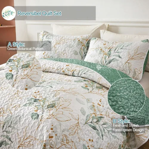 Miniatura 2 de Juego de edredón verde botánico floral de tamaño completo, 3 piezas, ropa de cama reversible suave para todas las estaciones (90"x78")