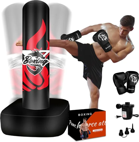 Saco de boxeo de pie para adultos y adolescentes, saco de boxeo independiente de 70 pulgadas con guantes de boxeo y bomba de aire eléctrica para