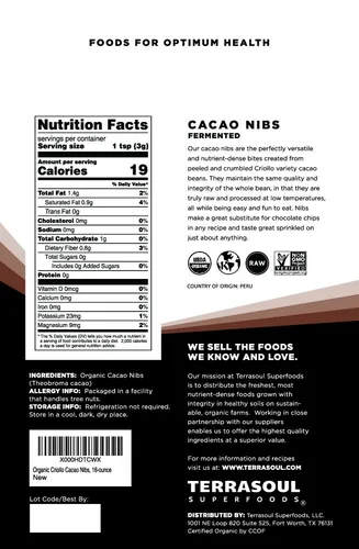 Miniatura 2 de Terrasoul Superfoods Puntas de Cacao Orgánico Crudo, 16 Oz, Superalimento Crujiente para Bowls de Batidos, Untables de Mantequilla de Nuez, Avena
