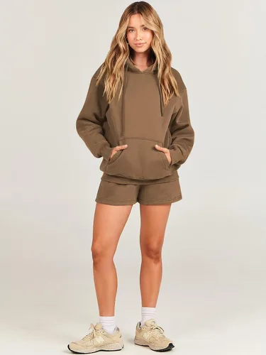 Miniatura 7 de ANRABESS Conjunto deportivo de 2 piezas para mujer, sudadera con capucha de gran tamaño, conjunto de sudadera corta a juego