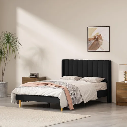 Miniatura 15 de Base de cama Queen con cabecero, base de cama de plataforma con respaldo de terciopelo vertical copetudo, soporte de listones de madera, no necesita