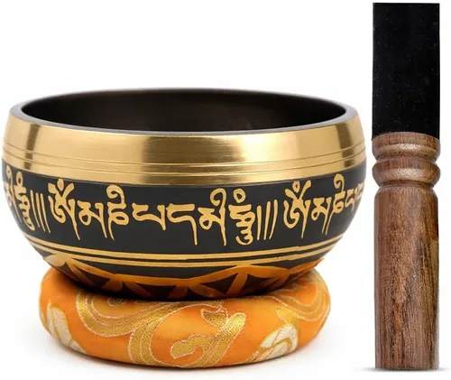 Miniatura 19 de Juego de cuencos tibetanos de latón, grado curativo maestro, auténtico cuenco de sonido hecho a mano por Himalayan Bazaar Negro
