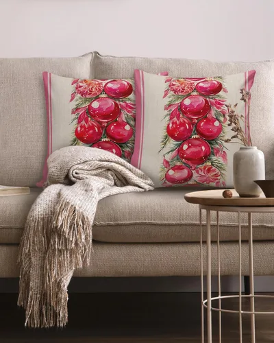 Miniatura 2 de Paquete de 2 fundas de almohada de algodón, diseño de bolas rosas de Feliz Navidad, cuadradas, suaves, decorativas, para sala de estar, dormitorio