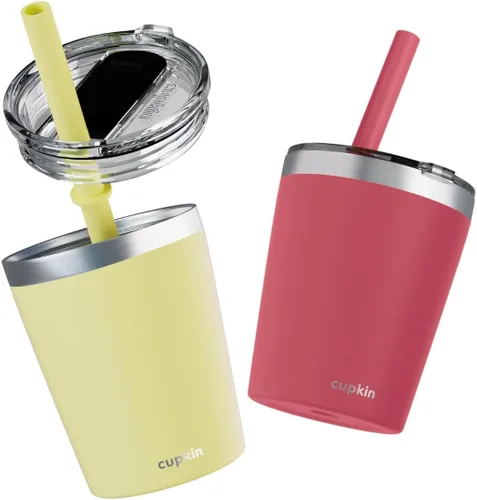 Miniatura 16 de CUPKIN - Taza apilable de acero inoxidable para niños, taza de batido, tazas aisladas con recubrimiento en polvo, tapa libre de BPA y pajilla de Rosa