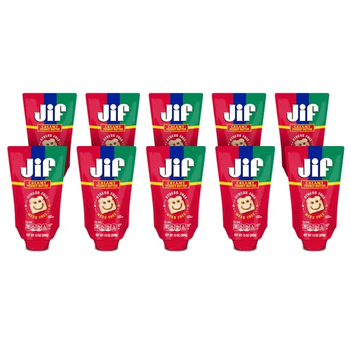 Jif Squeeze - Mantequilla de maní cremosa, 13 onzas (paquete de 10), textura suave, cremosa, bolsa portátil de mantequilla de maní