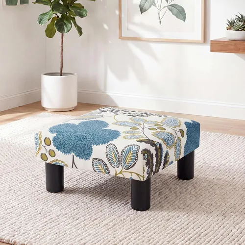 Joveco Taburete pequeño otomano, reposapiés cuadrado tapizado de tela para sofá, debajo del escritorio, oficina, sala de estar, azul floral