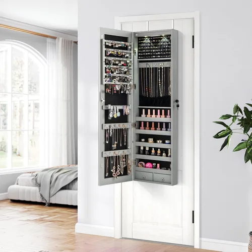 Miniatura 79 de Giantex Armario de joyería para puerta de pared con espejo de longitud completa, 2 LED con cerradura grande organizador de joyas con espejo ancho