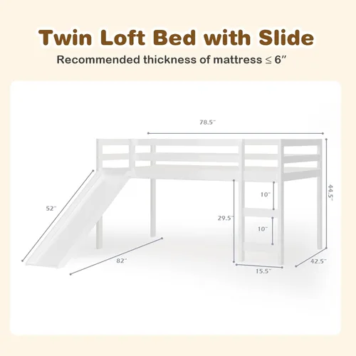 Miniatura 2 de DORTALA Cama alta individual con tobogán, marco de cama individual para niños, niños pequeños, jóvenes, cama baja con tobogán, escalera, rieles