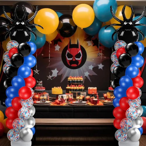 Miniatura 6 de Kasyat Juego de 2 soportes de columna de globos para fiesta de arañas con 2 arañas y 100 globos de látex rojos, azules y negros, soportes de arco