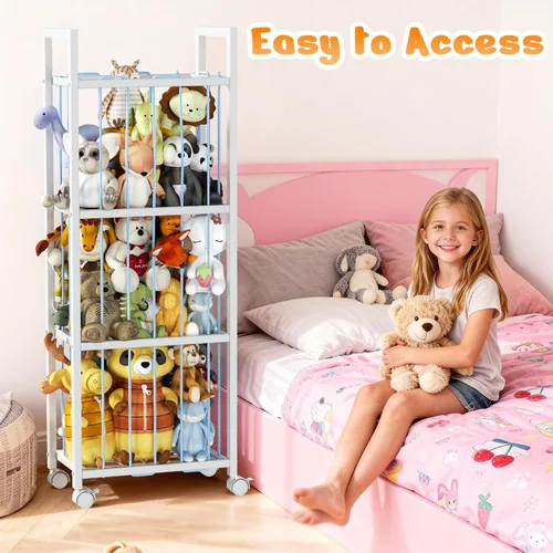 Miniatura 5 de Almacenamiento de animales de peluche, soporte de metal para animales de peluche con ruedas y cordones elásticos, organizador de juguetes