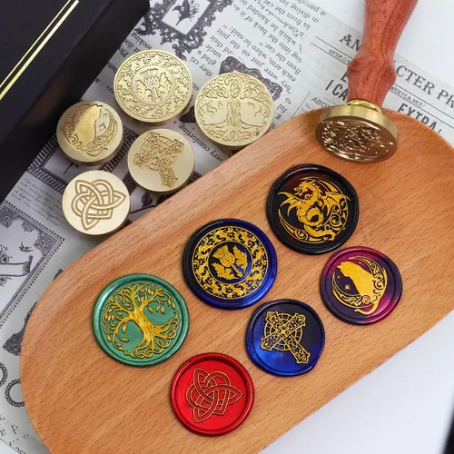Miniatura 3 de SWANGSA Juego de Sellos de Cera Célticos en Caja de Regalo, 6 Cabezales de Sellado Vintage + 1 Mango de Madera, Kit de Sellos de Cera